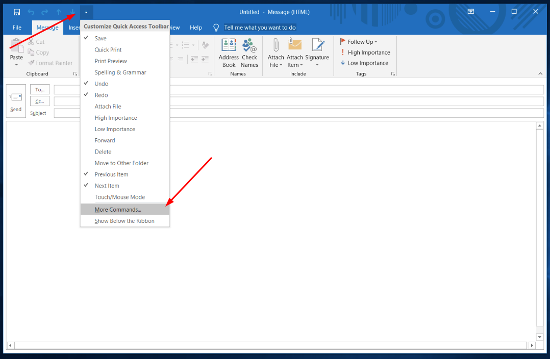 Outlook quick access toolbar